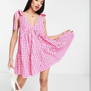 ASOS Design Tie Shoulder Smock Romper in Pink Gingham